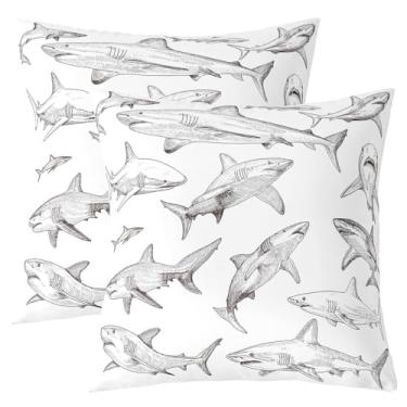Imagem de Erosebridal Conjunto de 2 capas de almofada de tubarão 50 x 50 cm para crianças, meninos, homens, animais marinhos, vida selvagem, branco, cinza, decorativas, quadradas, fronhas macias