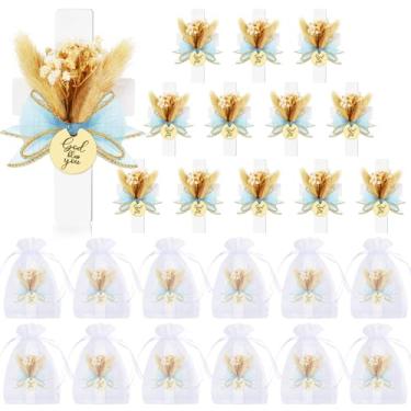 Imagem de 24 conjuntos de lembrancinhas de festa de batismo para convidados de primeira comunhão, ímã de batismo de cruz de madeira com flores para festa de chá de bebê Bless, presente de batismo, revelação de