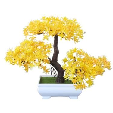 Imagem de Mini árvore de bonsai – pinheiro acolhedor de três pontas, planta pequena decorativa perfeita para mesa, árvore artificial em um vaso de cimento de plástico para casa e escritório, amarelo