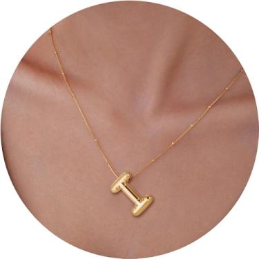 Imagem de Colar feminino com inicial de aço inoxidável banhado a ouro 18K, pingente de letra bolha de A a Z, joia personalizada do alfabeto fofo de A a Z, 18+2in, Aço inoxidável, Sem Pedra Preciosa