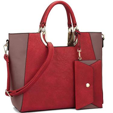 Imagem de Bolsa feminina de couro vegano em dois tons, bolsa de trabalho com alça superior grande com alça de pulso combinando, Vermelho, 13.5"–15.5"W x 11.75"H x 5.75"D