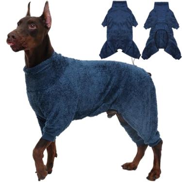 Imagem de ROZKITCH Pijama pulôver para cães GG, roupas elásticas respiráveis para cães, roupas de clima frio de quatro pernas, terno anti-queda com orifício para coleira e cordões azul GG