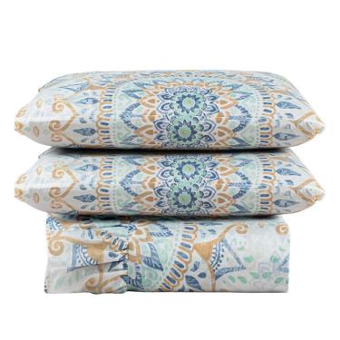 Imagem de Kit Cobre Leito Colcha Turin Casal Estampada C/ Babado 400 Fios 3 Peças Mandala Azul Bege - 100% Poliéster