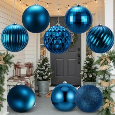 Imagem de Zubebe 8 bolas de Natal grandes de 15 cm (150 mm), 8 estilos, bolas de Natal gigantes de plástico, grandes e grandes, enfeites para pendurar ao ar livre, para decoração de árvore de Natal (azul