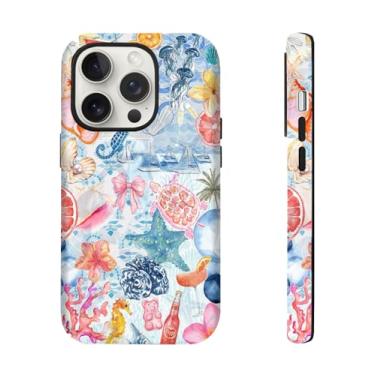 Imagem de QUENCASETS Capa compatível com iPhone 16E, compatível com MagSafe, coquete azul praiano, colagem costeira, capa de telefone bonita e bonita (rosa, para iPhone 16E)