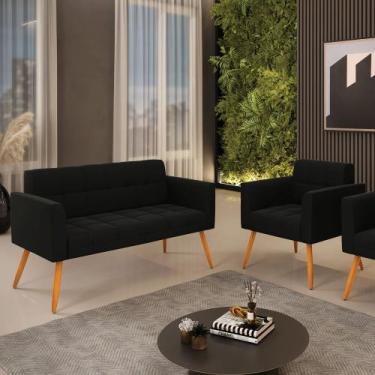 Imagem de Kit 1 Sofá Namoradeira e 1 Poltrona Elisa Suede Preto Pés Palito Casta