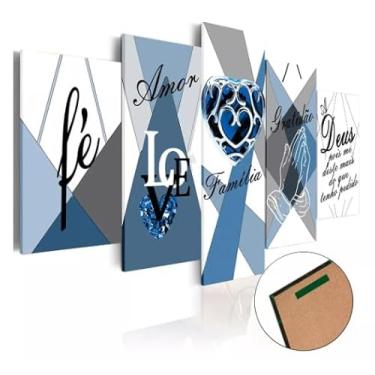 Imagem de Kit quadro decorativo 5 peças 95x60cm Fé Amor Gratidão Deus Família Azul