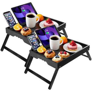Imagem de WAAYAA Pacote com 2 bandejas de cama de bambu com compartimento de mídia destacável, bandeja de café da manhã com pernas dobráveis para cama, mesa de colo para laptop e leitura, alças fáceis de