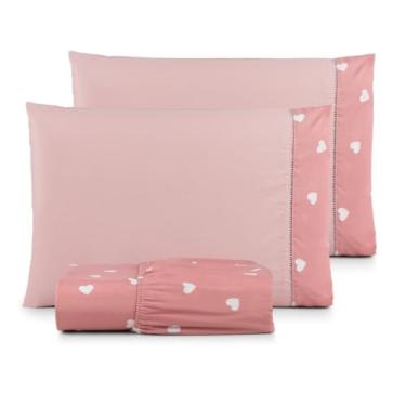 Imagem de Jogo de Lençol Casal Padrão 3 Peças Percal 180 Fios 90% Algodão com Elástico em Toda a Volta e Acabamento Refinado – Conforto, Durabilidade e Estilo (CORAÇÕES ROSA)