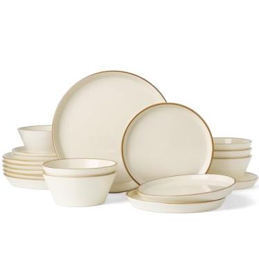 Imagem de Famiware Conjunto de pratos e tigelas Saturn para 6 (18 peças), conjunto de louça de grés com acabamento pintado à mão – resistente a lascas e arranhões, pode ir ao micro-ondas e à lava-louças, branco