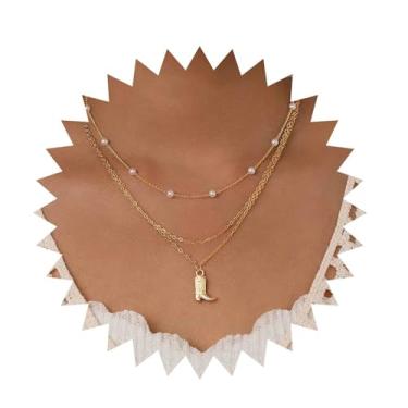 Imagem de TseanYi Bohemia Colar com pingente de botas de caubói de ouro, colar vintage de corrente de pérolas, colares de caubói ocidental, multicamadas, bijuteria feminina