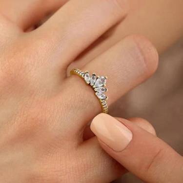 Imagem de 1 peça de anel luxuoso banhado a prata branca com cinco coroas de zircônio para mulheres uso diário namoro melhor presente de aniversário joias finas presentes, Gold-9, Prata, Zircônia cúbica