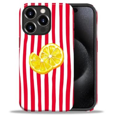 Imagem de Capa para iPhone 15 Pro Estética Padrão Bonito Fino À Prova de Choque Proteção de Corpo Inteiro para Meninas e Mulheres, P Listras Vermelhas Limão