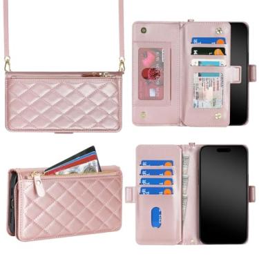 Imagem de Jaorty Capa carteira para iPhone 14 Pro Max com alça transversal, cordão de colar de ombro, capa flip de couro PU, losango para mulheres e homens, bolso com zíper, suporte, porta-cartão, ouro rosa de