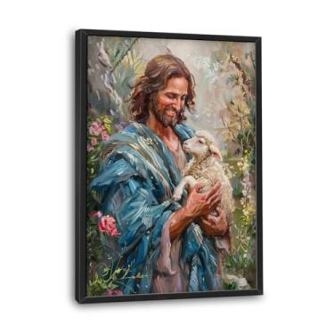 Imagem de Flintis Grande Cristão Jesus Emoldurado Arte de Parede Jesus Segurando Cordeiro Imagens Decoração de Parede Abstrata Religiosa Tela Impressão Arte Decoração para Sala de Estar Banheiro Quarto