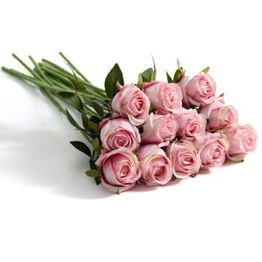Imagem de Amore Florals 12 peças de flores artificiais de seda buquê de rosas – arranjo de haste longa de rosas falsas para centro de mesa de casamento, dia dos namorados, dia das mães, decoração de festa em