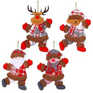Imagem de 4 peças de acessórios para árvore de Natal, bonecas de Natal, boneco de neve, boneco de neve, cervo, tecido, boneca, pequeno pingente, presente, enfeites de boneca de Natal rústicos