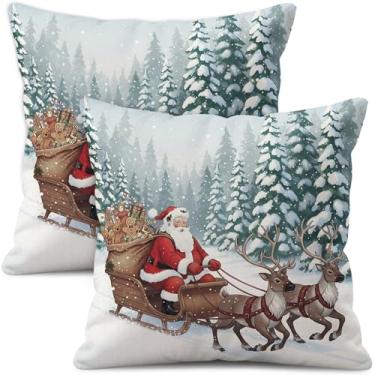 Imagem de Withero Conjunto de 2 capas de travesseiro de Natal 45,7 x 45,7 cm, capas de almofada de trenó de rena papai noel, estampa frente e verso, floresta nevada decorativa para sofá-cama