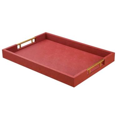 Imagem de Bandeja de servir de madeira de couro sintético marrom de 35 x 50 cm com alças de metal para várias ocasiões, otomana, decoração de casa, sala de estar, organizador de mesa de café, serve café da