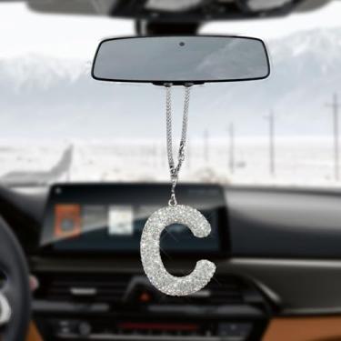 Imagem de HQRNYP Pingente de letra de carro brilhante, acessórios para pendurar espelho de carro, ornamento de espelho retrovisor, pingente de cristal fofo, enfeite feminino de strass de diamante da sorte para