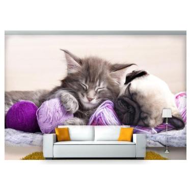 Imagem de Papel De Parede Animais Cão Gato Dormindo 3D Anm156 - Você Decora
