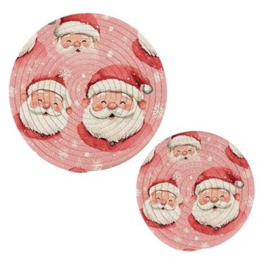 Imagem de Blueangle 2 peças de suporte de panela de tripé de Papai Noel fofo - conjunto de pegadores de panela de tecido redondo - almofadas quentes trançadas de algodão - porta-copos - tapetes de mesa para