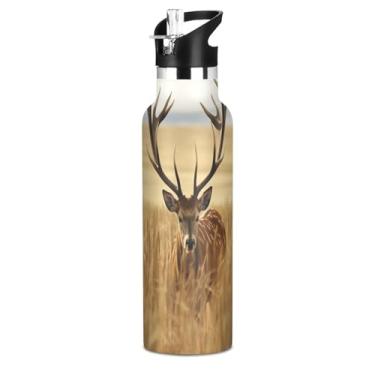 Imagem de Blueangle Garrafa de água de 590 ml com canudo - Garrafa de água esportiva de aço inoxidável sem BPA, design de veado de campo de trigo à prova de vazamento para academia, atividades ao ar livre