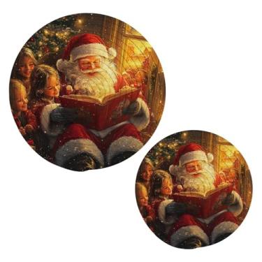 Imagem de Blueangle 2 peças de suporte de panela de trivet de Papai Noel alegre - conjunto de pegadores de panela de tecido redondo - almofadas quentes trançadas de algodão - porta-copos - tapetes de mesa para