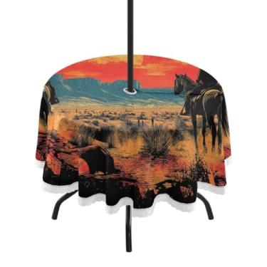 Imagem de Blueangle Toalha de mesa redonda de 152 cm impermeável ao ar livre American West Cowboy com orifício para guarda-chuva - Tecido resistente à prova de sol para todos os climas para pátio, acampamento