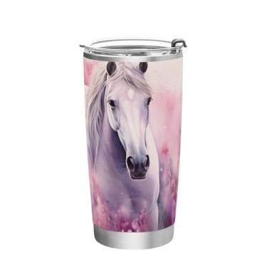 Imagem de Blueangle Copo de 590 ml com tampa e canudo, copo de café com água isolada a vácuo de aço inoxidável, caneca de viagem com pintura em aquarela de cavalo copo térmico para bebidas quentes e frias (332)