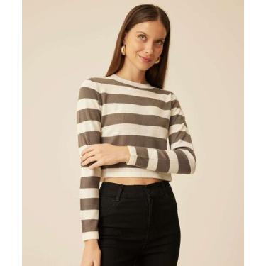 Imagem de Suéter Feminino Cropped Listrado Marisa-70954, PP, Branco e cinza