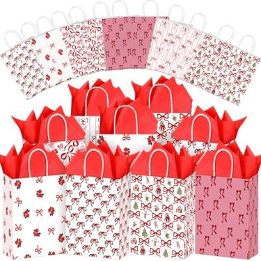 Imagem de Tenceur Conjunto de 18 sacos de presente de festa de Natal Kraft com laços vermelhos, sacolas de lembrancinhas de Natal com papel de seda, papel de embrulho de doces de Natal para decoração de chá de