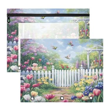 Imagem de SEHANY Pasta de lápis de flores de jardim com 3 anéis - bolsa de documentos com zíper tamanho A4 com janela transparente para sala de aula, escritório, 2 peças