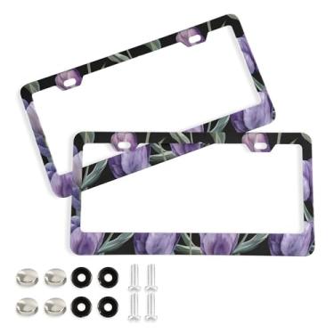 Imagem de SEHANY Molduras de placa de licença de flores florais coloridas, capas de moldura de placa de carro de alumínio à prova de ferrugem com orifícios elípticos e parafusos serve para veículos padrão dos