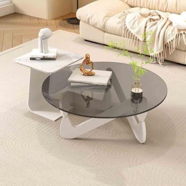 Imagem de Yadlan Conjunto de mesas de centro redondas modernas, mesas de café, mesa de centro de vidro, conjunto de 2 mesas laterais com suporte triangular, mesas de canto para sala de estar, quarto, varanda