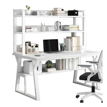 Imagem de Mesa de computador com gaiola e estante, mesa de estudo de escrita com prateleiras de armazenamento abertas, mesa de madeira simples moderna com moldura de metal, estação de trabalho, economia de