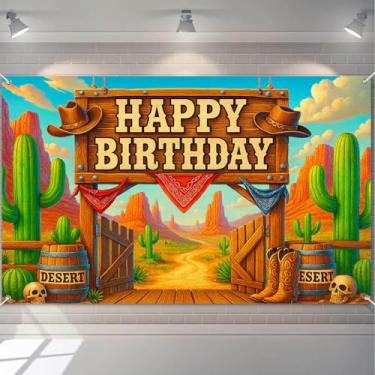 Imagem de HOMETITUTE Western Cowboy Happy Birthday Banner Rustic Desert Backdrop for Country Barn Wild West Cowboy Party Decorations Indoor Outdoor Birthday Celebrations 71x43 Inches