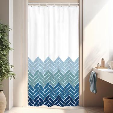 Imagem de Riyidecor Cortina de chuveiro geométrica azul pequena tenda abstrata geometria contemporânea minimalista azul-petróleo linhas gradientes simples 91 cm L x 182 cm A decoração de tecido moderno banheiro