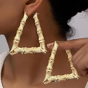 Imagem de Brincos de argola de bambu dourados para mulheres, argolas grandes, bijuterias modernas, presentes de festa, presentes de Natal, presentes de amizade para mulheres, dia dos namorados, Medium, Latão
