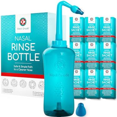 Imagem de Medi Grade Frasco de enxágue sinusal, 500 ml com 30 pacotes de enxágue sinusal - Sistema completo de irrigação nasal - Limpador de nariz Neti Pot - Kit de lavagem nasal para casa ou viagem - 2 pontas