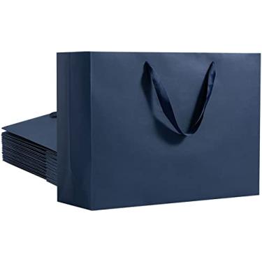 Imagem de Umoofine Bolsa de presente grande azul marinho, pacote com 60, 40 x 14 x 30 cm, sacos de presente Kraft extragrandes com alças de fita, sacos de papel Kraft azul marinho reutilizáveis para compras