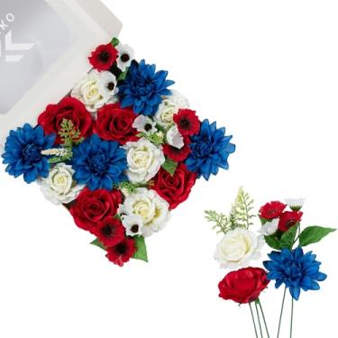Imagem de FANKO Flores artificiais do Dia da Memorial, buquê de flores mistas de seda vermelha, azul, branca, dália, azul e rosa, para decoração patriótica do Dia dos Veteranos, Dia da Independência