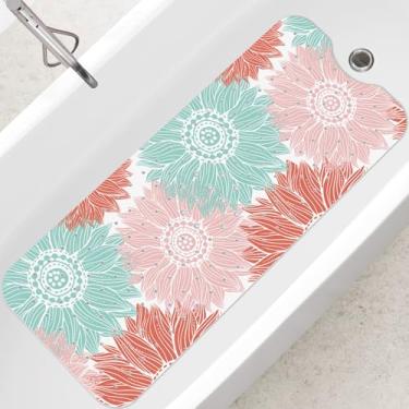 Imagem de SHUCHING Tapete de banho adulto para banheira antiderrapante 101 x 40 cm, tapete de banheira extralongo antiderrapante, tapete de chuveiro para banheiro, sem mofo, lavável na máquina, girassol