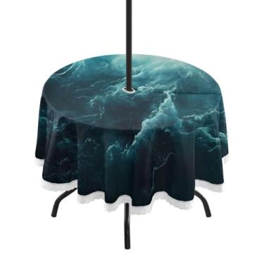 Imagem de CEBUGI Toalha de mesa redonda para uso ao ar livre, mármore ciano, impermeável, com furo Umberlla, capa de mesa lavável para pátio, cozinha, sala de jantar, 152 cm