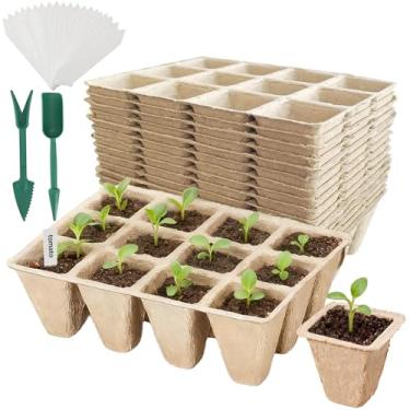 Imagem de Hanmsen Bandeja inicial de sementes de 240 células com 20 potes de turfa biodegradáveis para mudas - kit de bandejas de sementes orgânicas com 20 etiquetas de plantas, potes de germinação de sementes