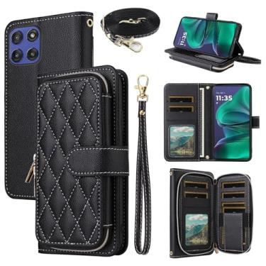 Imagem de Dswteny Argyle Capa carteira para Motorola Moto G Stylus 5G 2025 com alça de ombro, zíper couro PU flip acessórios para cartão de crédito suporte celular capa para celular G5 mulheres meninas preta