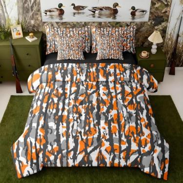 Imagem de Jogo de cama de casal camuflado em uma bolsa com edredom, lençóis, fronhas e capa de almofada, camuflado, caça, 7 peças, feminino, masculino, ultramilitar, conjunto de edredom com lençóis, laranja e
