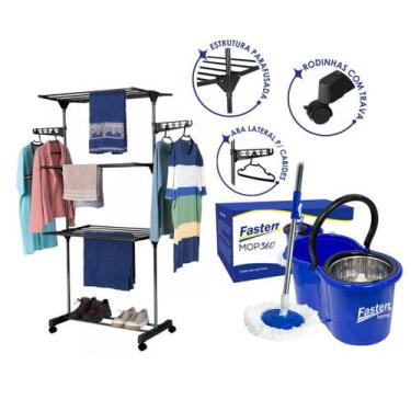 Imagem de Kit Balde Mop Esfregao Giratório 360 8L Centrifuga com Varal de Chão D