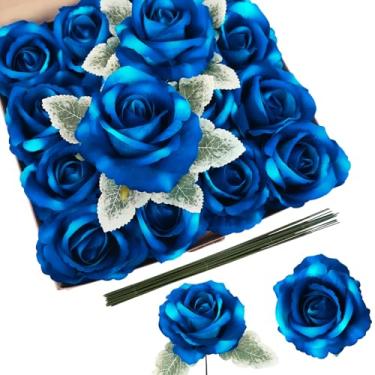 Imagem de IPOPU 16 peças de flores artificiais de rosa de veludo azul, 10 cm, grandes, flores de seda de toque real, para buquê de casamento, arranjos florais para decoração de festa em casa e jardim (azul)