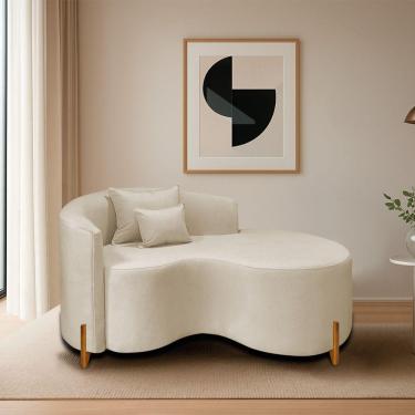 Imagem de Divã Recamier Curvo Sala De Estar Recepção Inglaterra 150cm Pés Madeira Lado Direito Linho Cor Bege